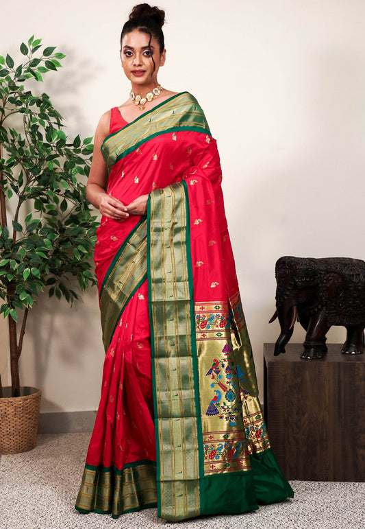Red with Bottle Green Border Paithani Pure Silk Saree With Blouse Piece - Adi Akshoy & Co.
