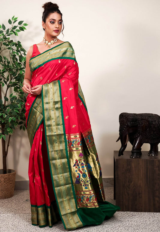 Red with Bottle Green Border Paithani Pure Silk Saree With Blouse Piece - Adi Akshoy & Co.