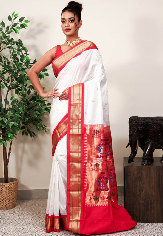 White with Red Border Paithani Pure Silk Saree With Blouse Piece - Adi Akshoy & Co.