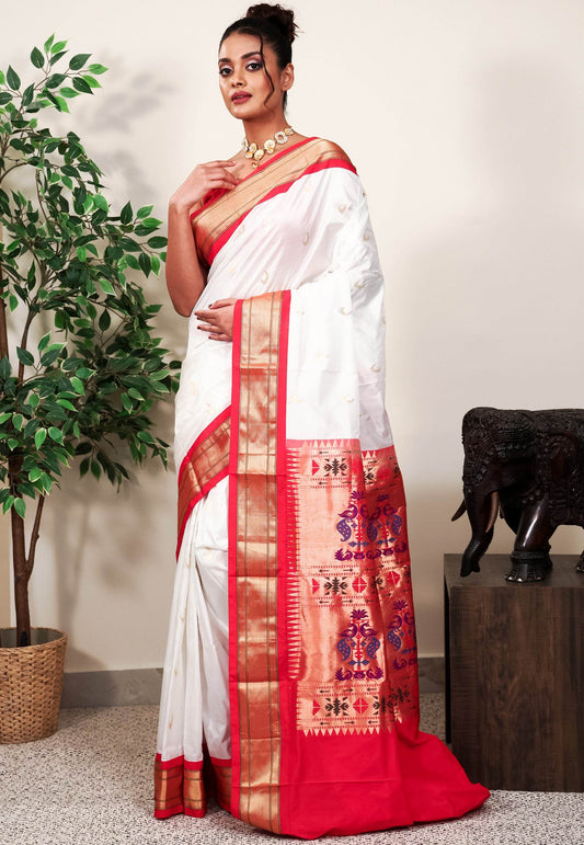 White with Red Border Paithani Pure Silk Saree With Blouse Piece - Adi Akshoy & Co.