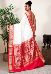 White with Red Border Paithani Pure Silk Saree With Blouse Piece - Adi Akshoy & Co.