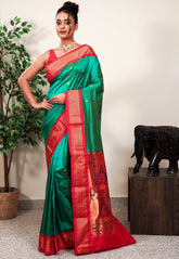 Peacock Blue with Red Border Paithani Pure Silk Saree With Blouse Piece - Adi Akshoy & Co.