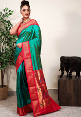Peacock Blue with Red Border Paithani Pure Silk Saree With Blouse Piece - Adi Akshoy & Co.