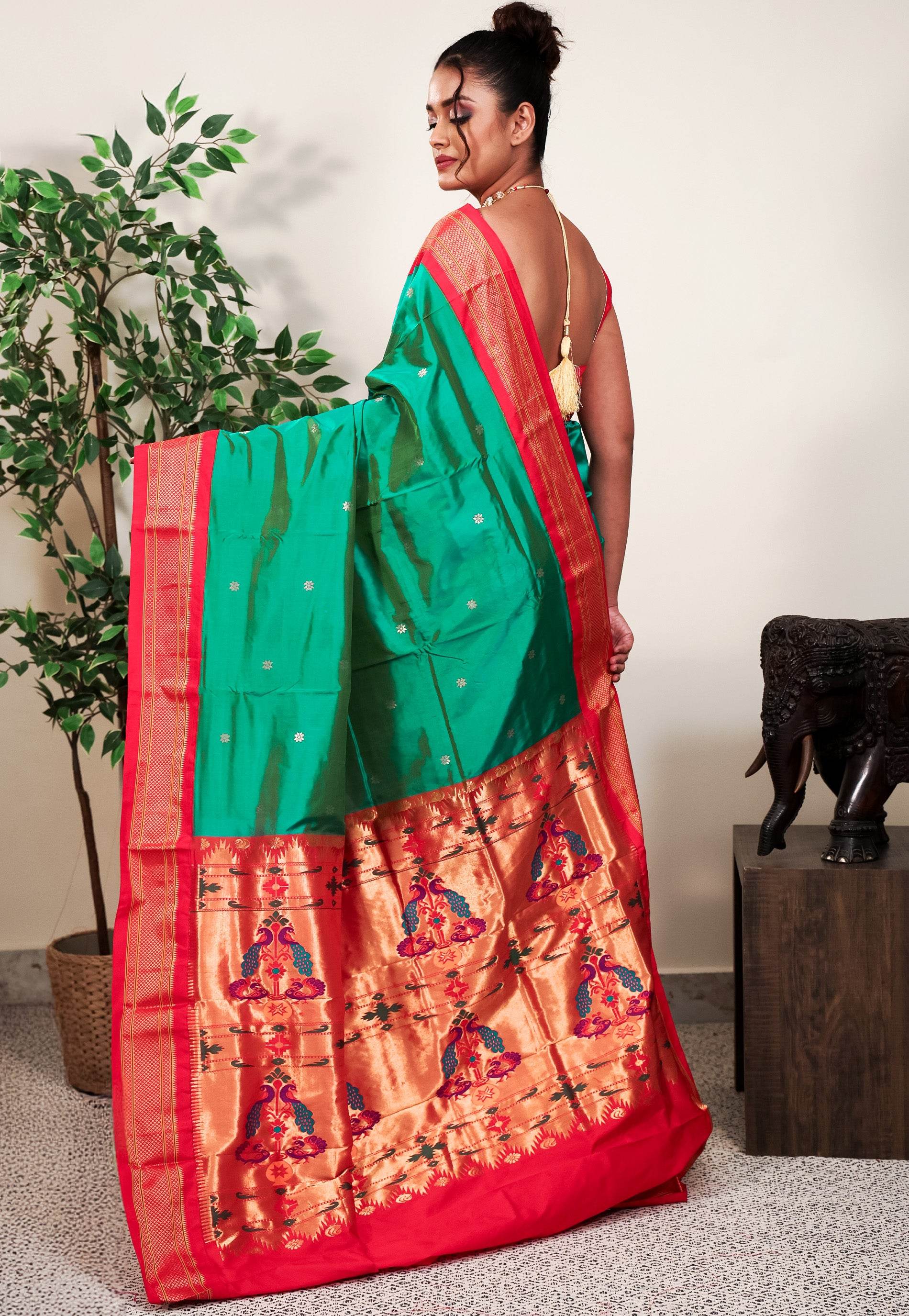 Peacock Blue with Red Border Paithani Pure Silk Saree With Blouse Piece - Adi Akshoy & Co.