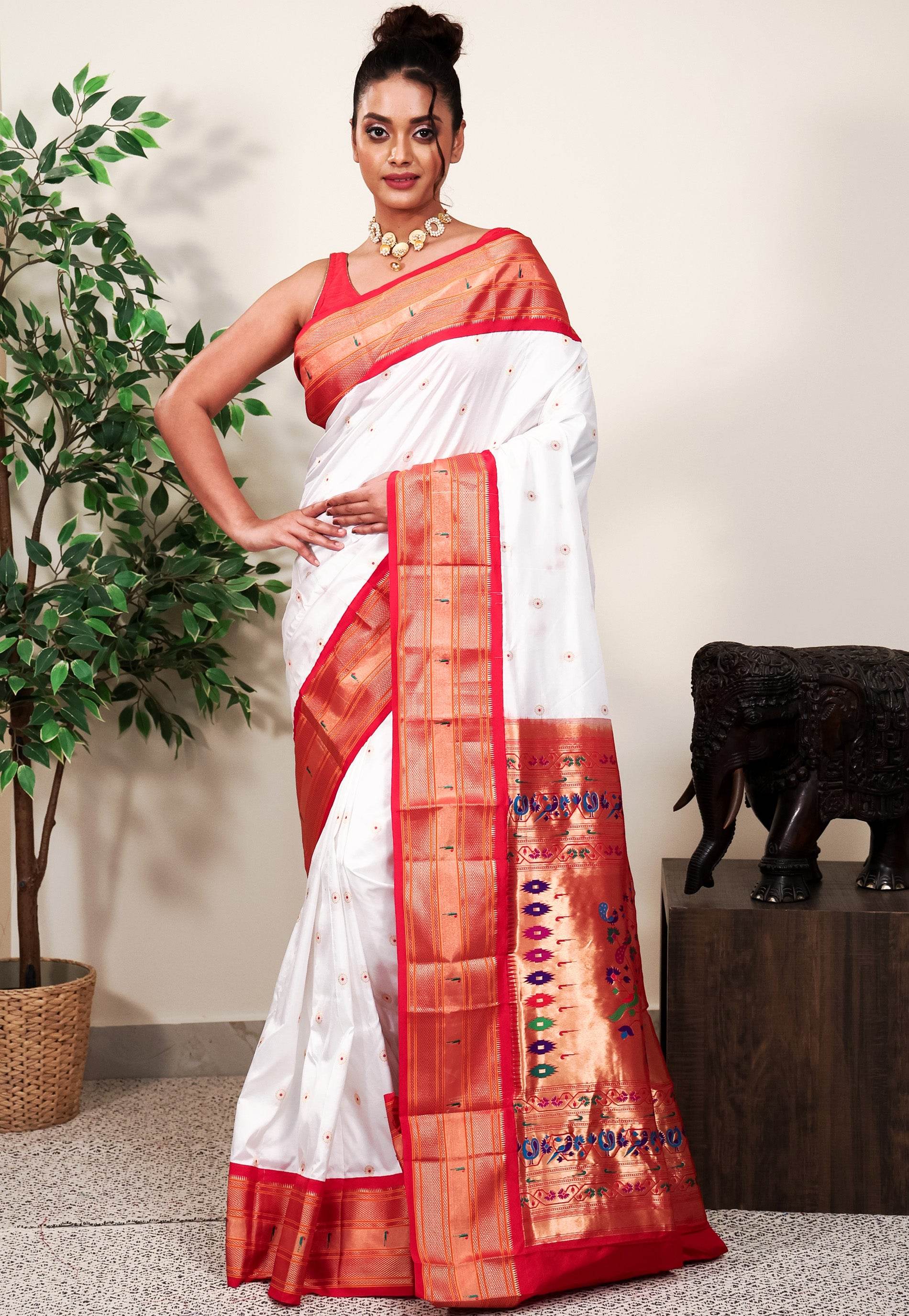 White with Red Border Paithani Pure Silk Saree With Blouse Piece - Adi Akshoy & Co.