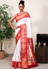 White with Red Border Paithani Pure Silk Saree With Blouse Piece - Adi Akshoy & Co.