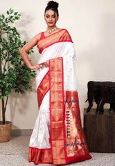 White with Red Border Paithani Pure Silk Saree With Blouse Piece - Adi Akshoy & Co.