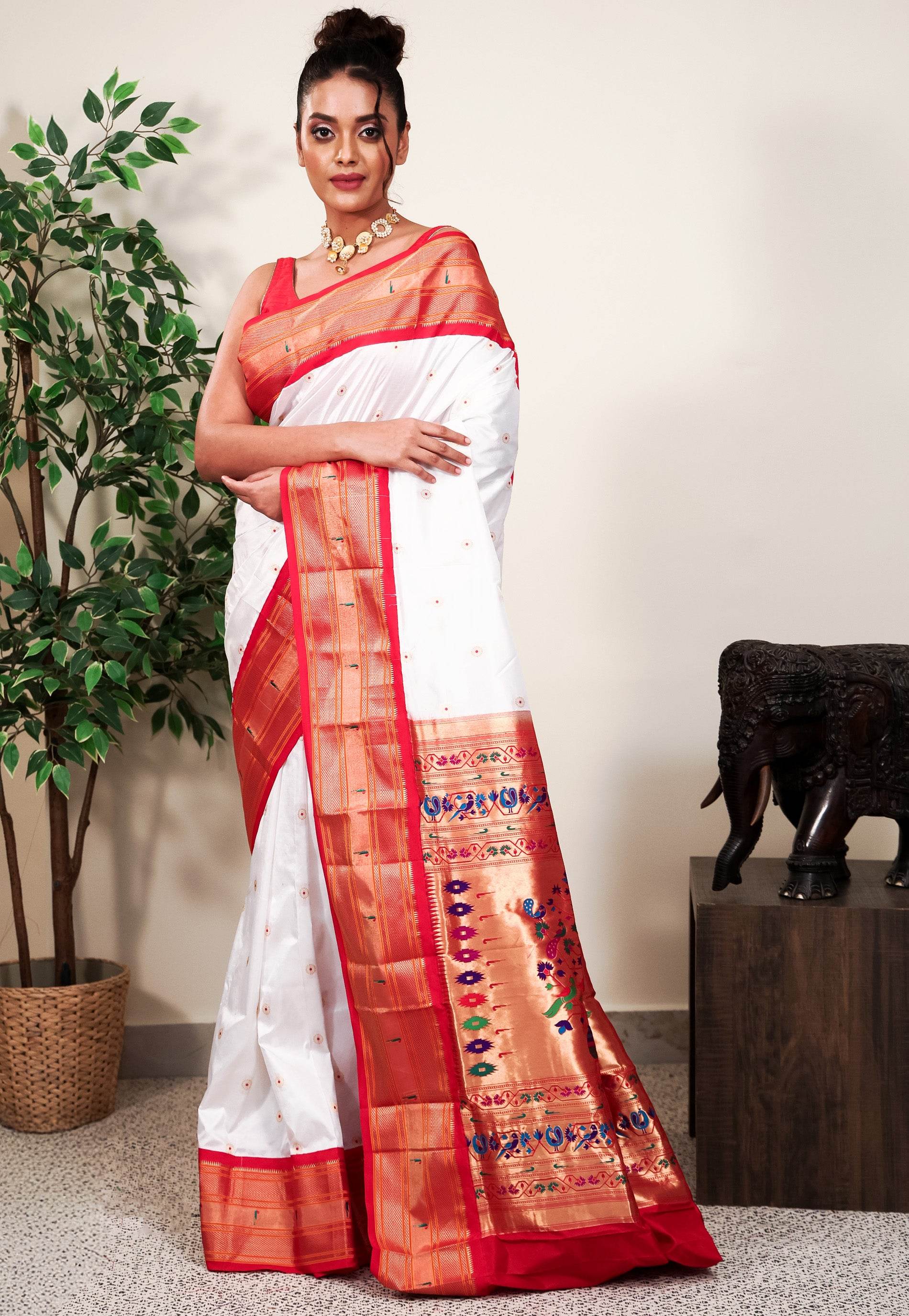 White with Red Border Paithani Pure Silk Saree With Blouse Piece - Adi Akshoy & Co.