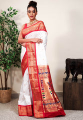 White with Red Border Paithani Pure Silk Saree With Blouse Piece - Adi Akshoy & Co.