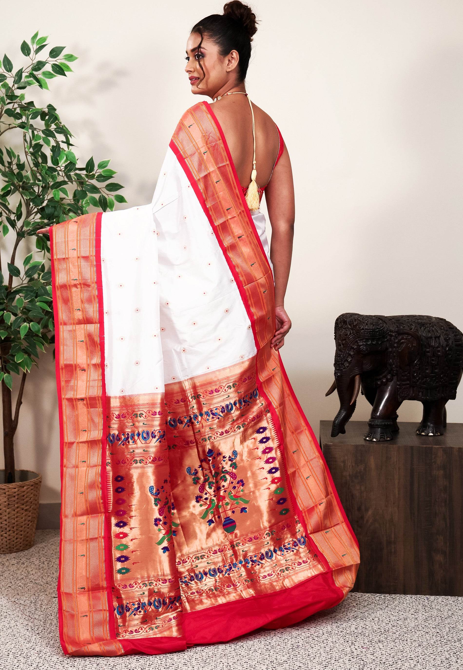 White with Red Border Paithani Pure Silk Saree With Blouse Piece - Adi Akshoy & Co.