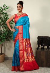 Feroza Blue with Red Border Paithani Pure Silk Saree With Blouse Piece - Adi Akshoy & Co.