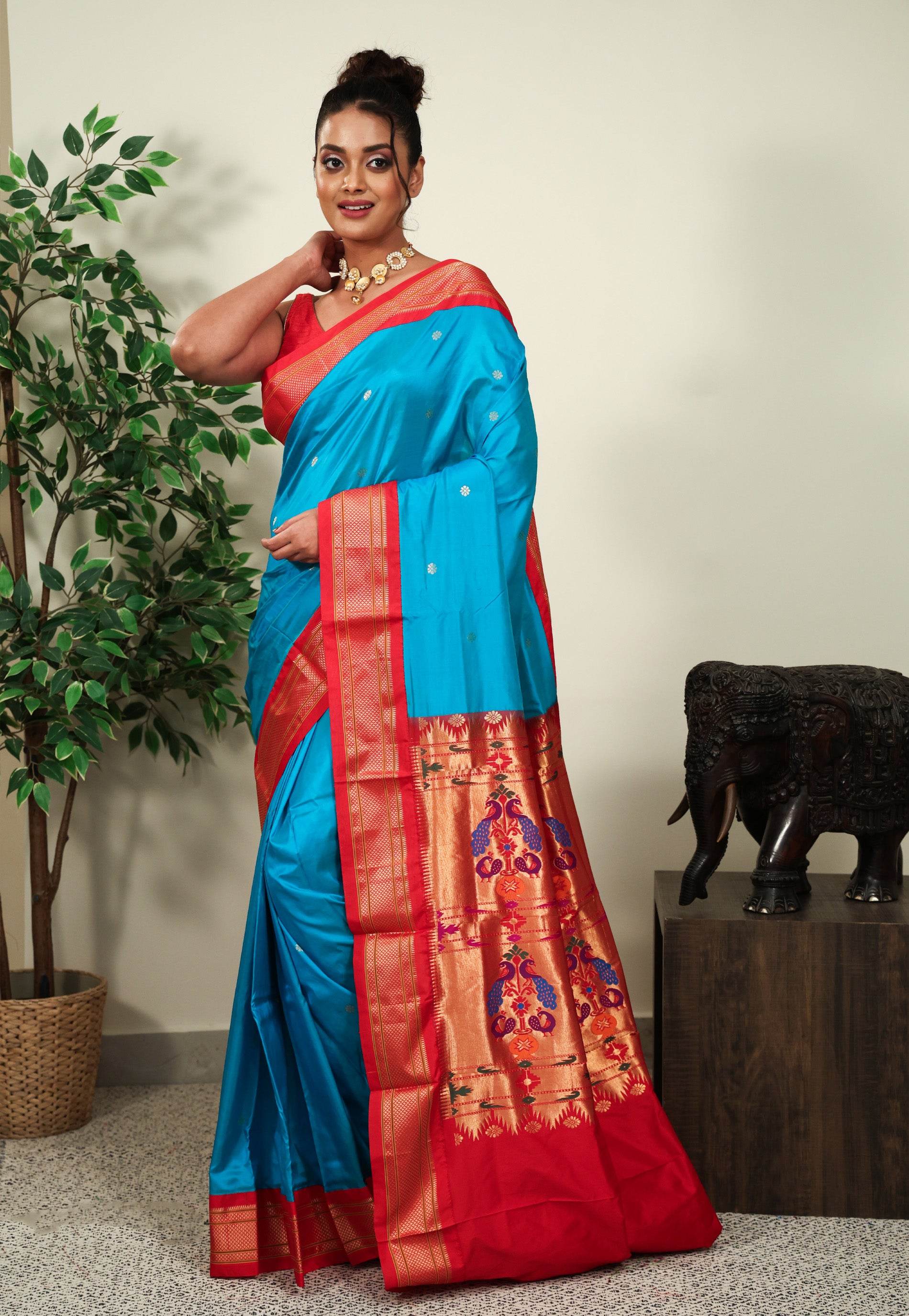 Feroza Blue with Red Border Paithani Pure Silk Saree With Blouse Piece - Adi Akshoy & Co.
