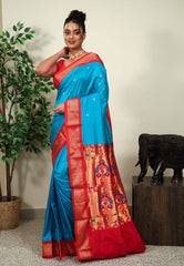 Feroza Blue with Red Border Paithani Pure Silk Saree With Blouse Piece - Adi Akshoy & Co.