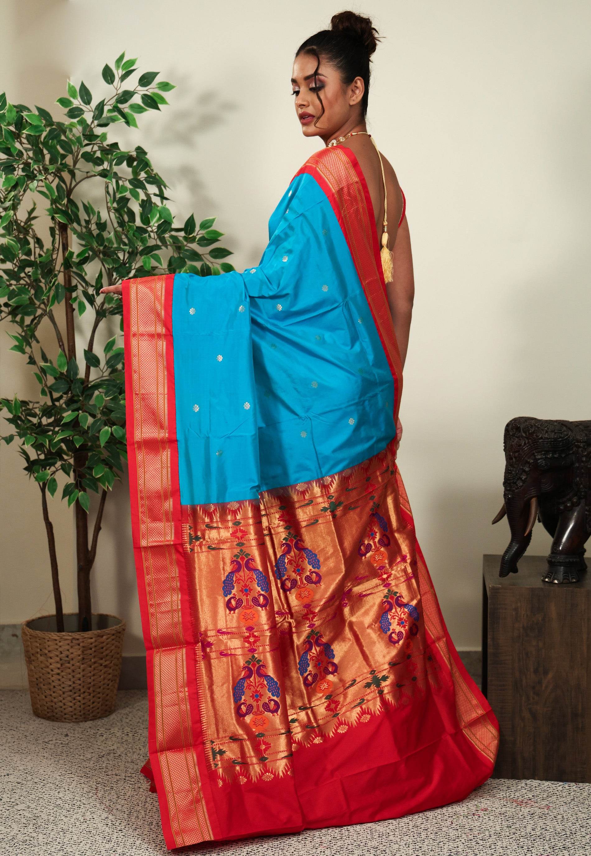 Feroza Blue with Red Border Paithani Pure Silk Saree With Blouse Piece - Adi Akshoy & Co.