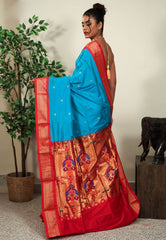 Feroza Blue with Red Border Paithani Pure Silk Saree With Blouse Piece - Adi Akshoy & Co.