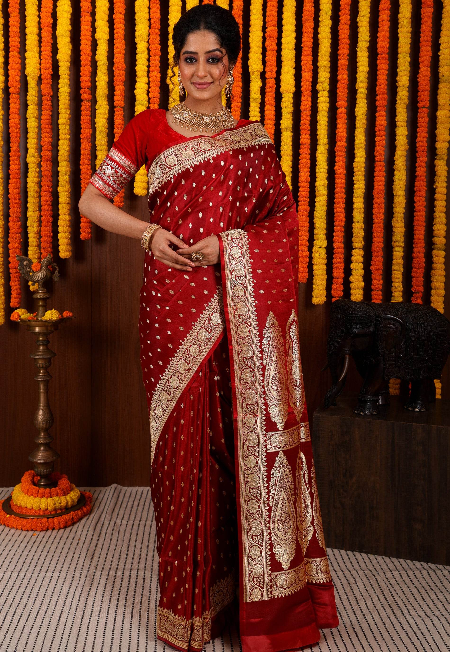Maroon Wedding Banarasi Silk Saree with Blouse Piece - Adi Akshoy & Co.