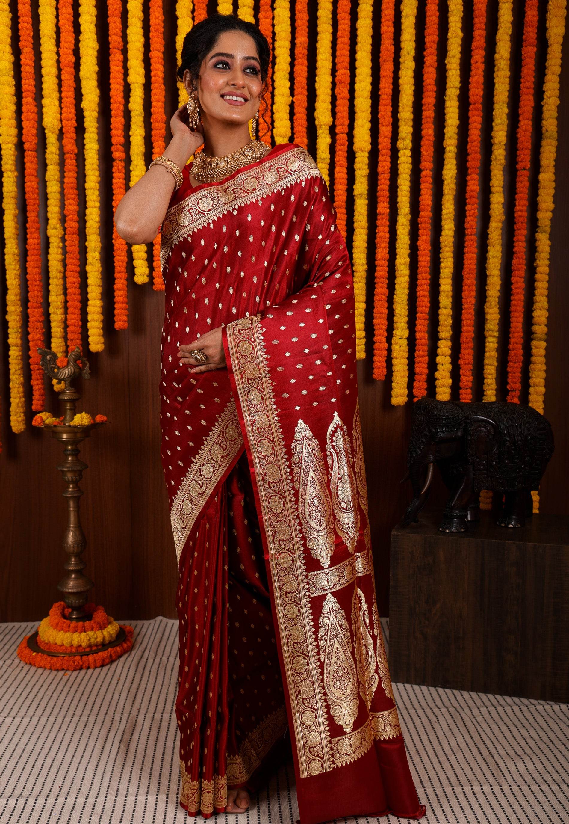 Maroon Wedding Banarasi Silk Saree with Blouse Piece - Adi Akshoy & Co.