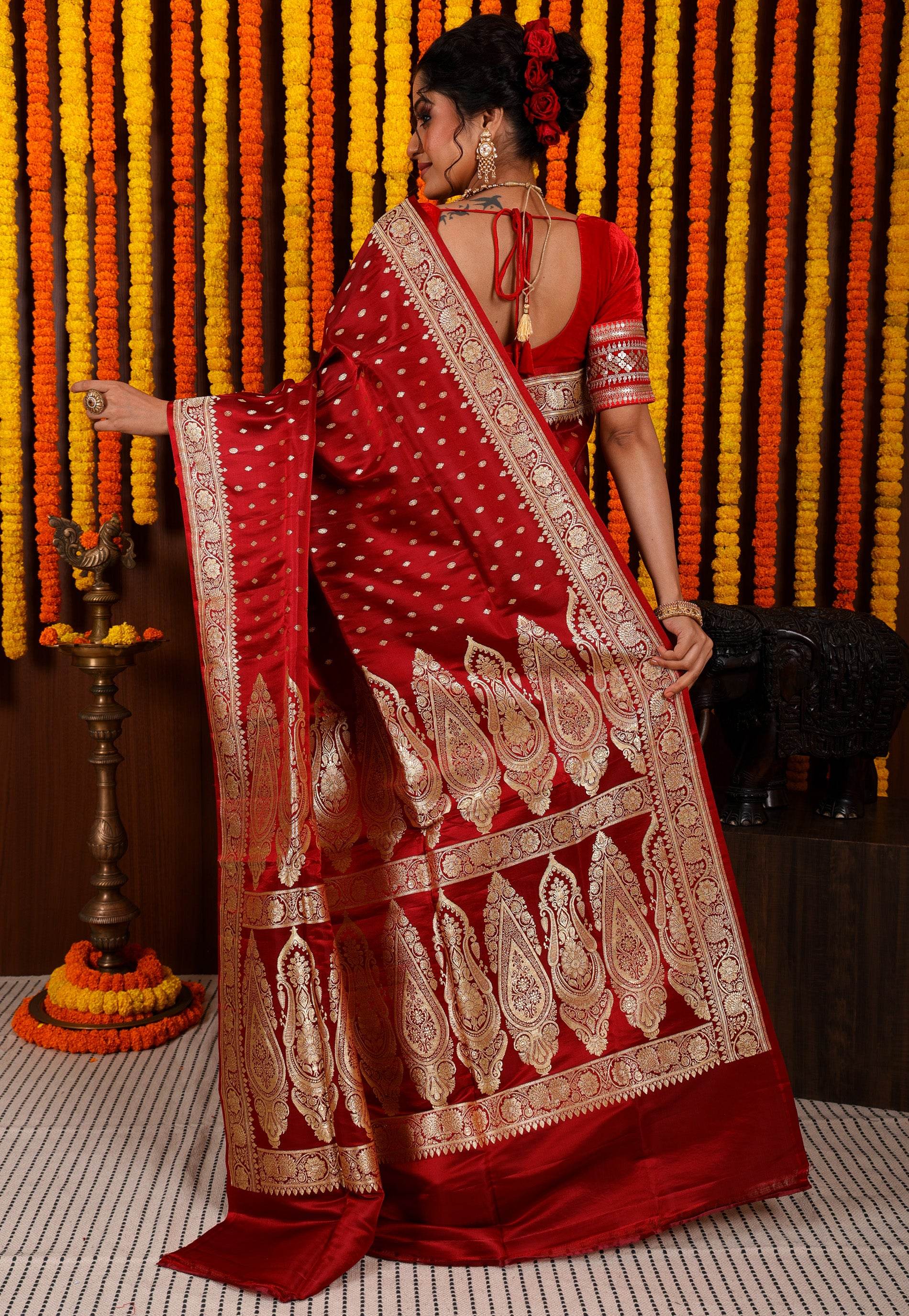 Maroon Wedding Banarasi Silk Saree with Blouse Piece - Adi Akshoy & Co.