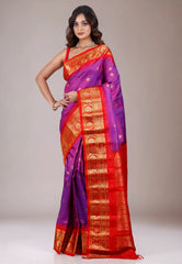 Purple with Red Border Gadwal Pure Silk Saree With Blouse Piece