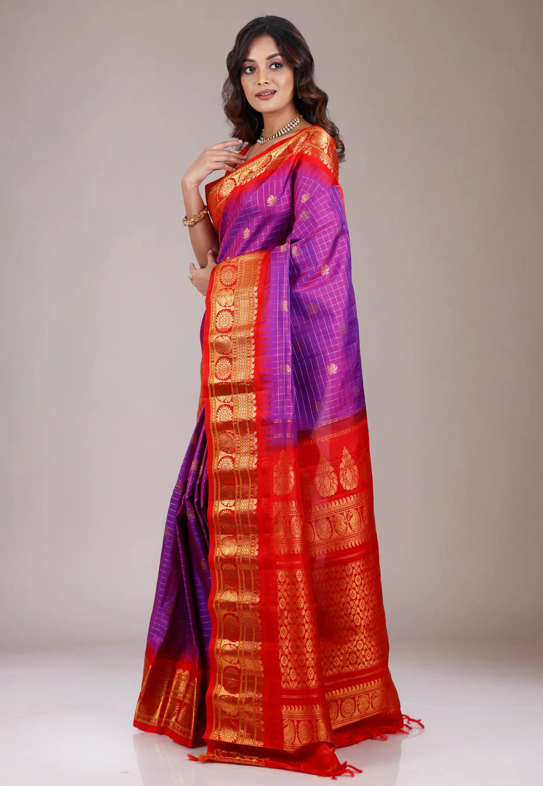 Purple with Red Border Gadwal Pure Silk Saree With Blouse Piece