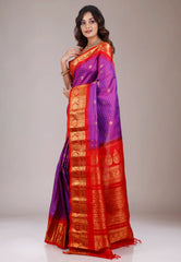 Purple with Red Border Gadwal Pure Silk Saree With Blouse Piece