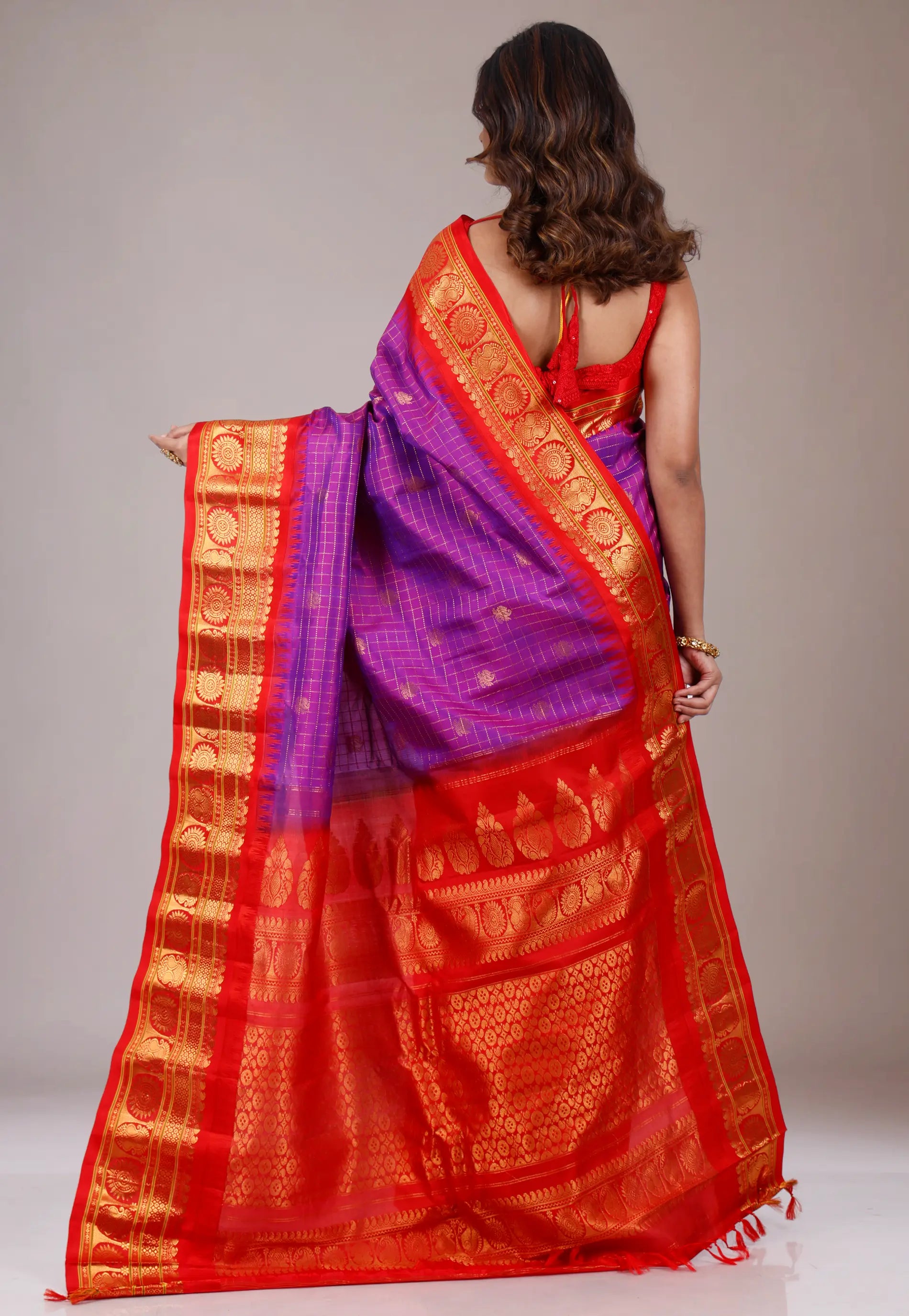 Purple with Red Border Gadwal Pure Silk Saree With Blouse Piece