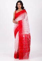 White with Red Border Dhakai Jamdani Cotton Saree without Blouse Piece