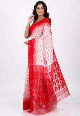 White with Red Border Dhakai Jamdani Cotton Saree without Blouse Piece