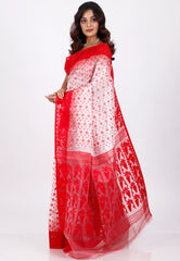 White with Red Border Dhakai Jamdani Cotton Saree without Blouse Piece