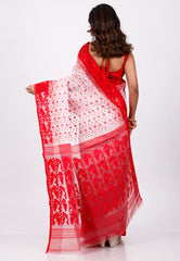 White with Red Border Dhakai Jamdani Cotton Saree without Blouse Piece