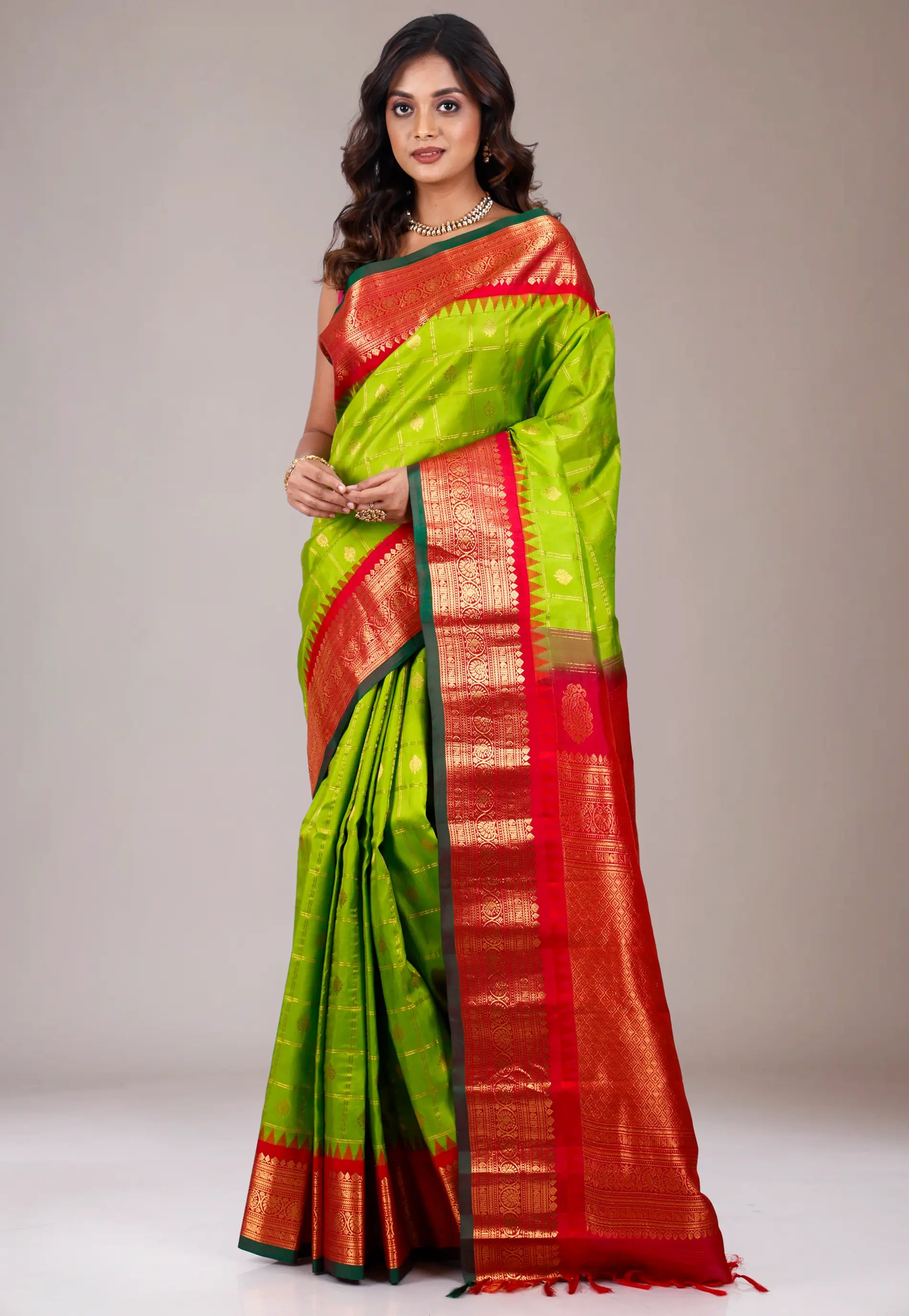 Parrot Green with Red Border Gadwal Pure Silk Saree With Blouse Piece