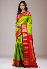 Parrot Green with Red Border Gadwal Pure Silk Saree With Blouse Piece