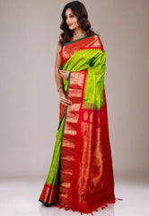 Parrot Green with Red Border Gadwal Pure Silk Saree With Blouse Piece