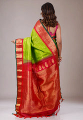 Parrot Green with Red Border Gadwal Pure Silk Saree With Blouse Piece