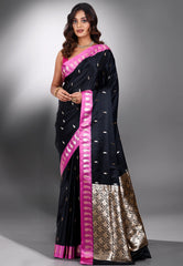 Black with Pink Border Wedding Banarasi Silk Saree with Blouse Piece