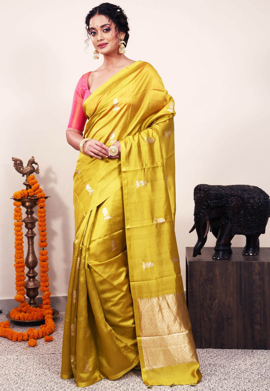 Yellow Katan Silk Saree With Blouse Piece - Adi Akshoy & Co.