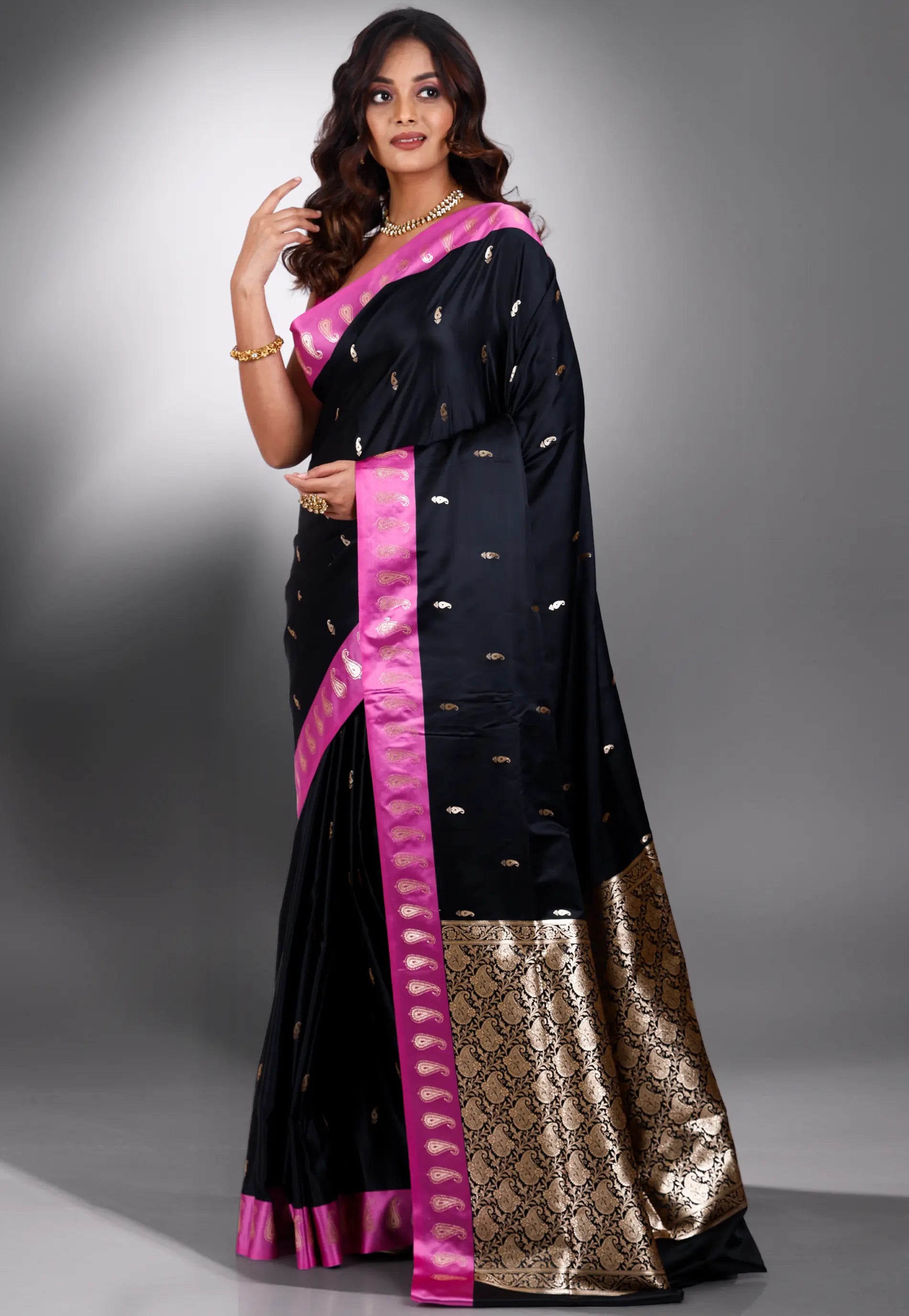 Black with Pink Border Wedding Banarasi Silk Saree with Blouse Piece
