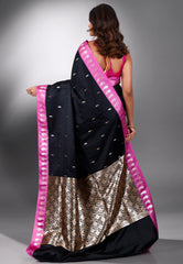 Black with Pink Border Wedding Banarasi Silk Saree with Blouse Piece