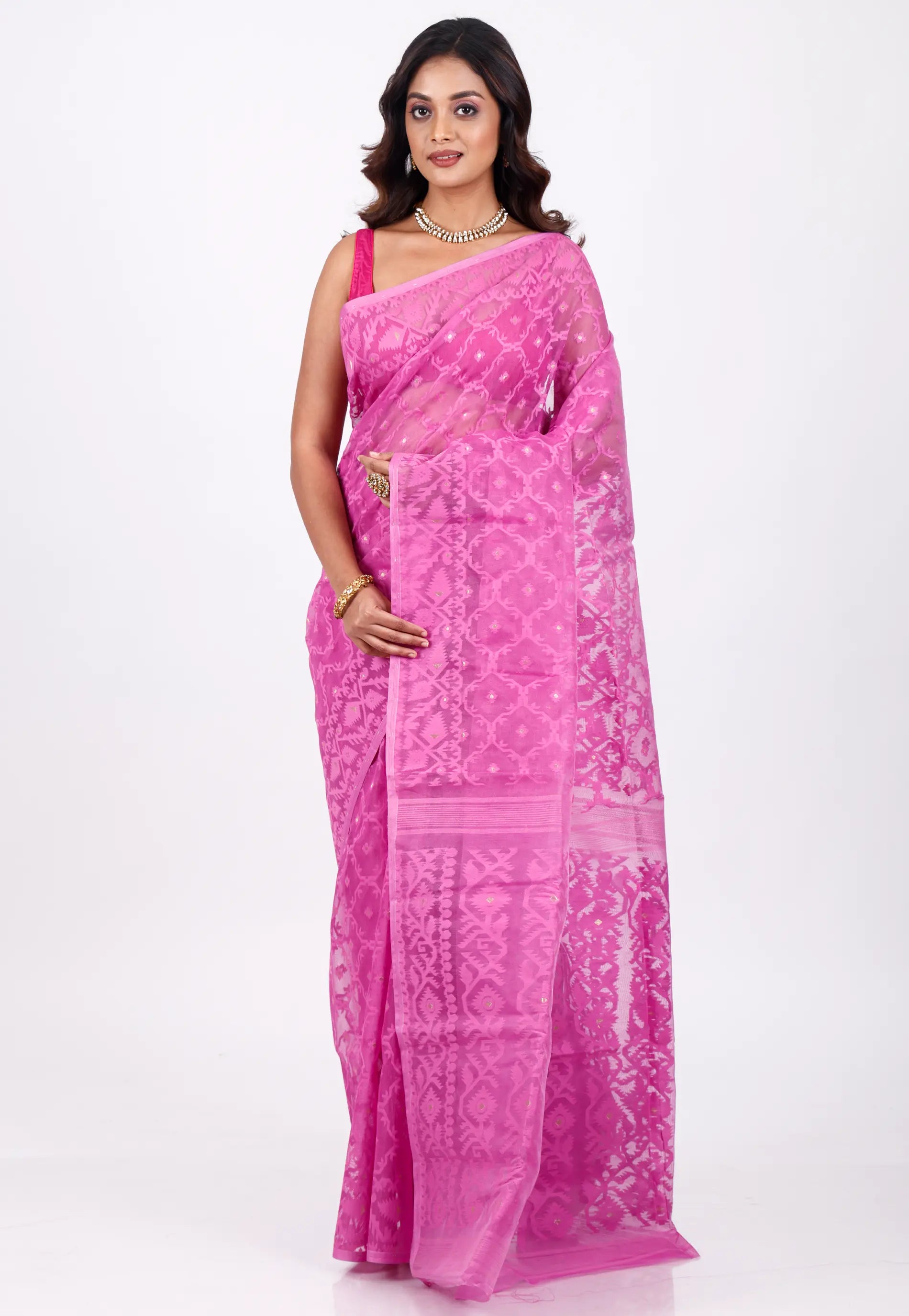 Onion Pink Dhakai Jamdani Cotton Saree without Blouse Piece