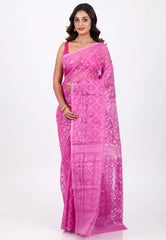 Onion Pink Dhakai Jamdani Cotton Saree without Blouse Piece
