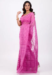 Onion Pink Dhakai Jamdani Cotton Saree without Blouse Piece