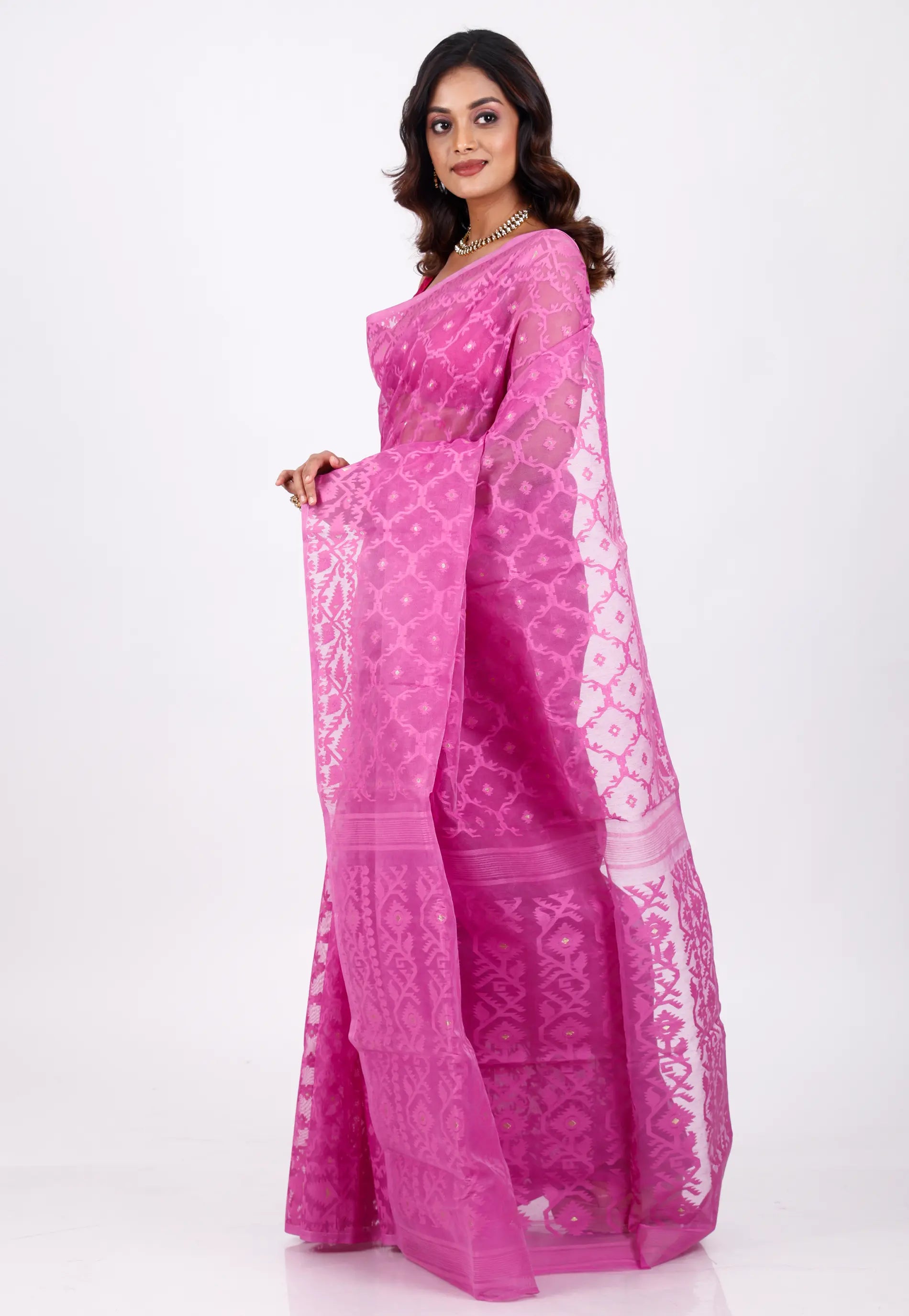 Onion Pink Dhakai Jamdani Cotton Saree without Blouse Piece