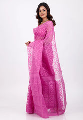 Onion Pink Dhakai Jamdani Cotton Saree without Blouse Piece