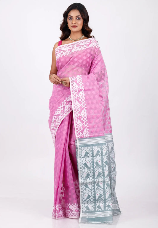 Pink Dhakai Jamdani Cotton Saree without Blouse Piece