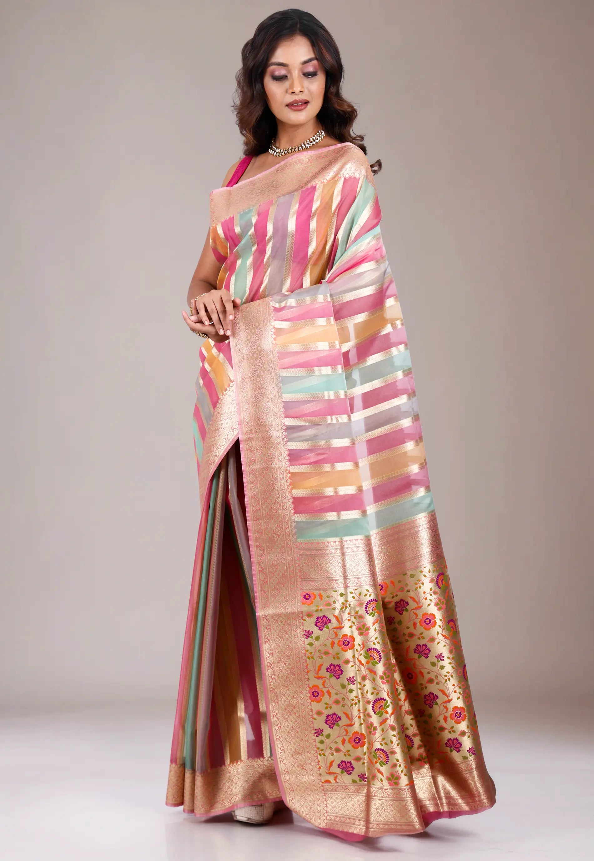 Multi Colour Kora Silk Saree With Blouse Piece