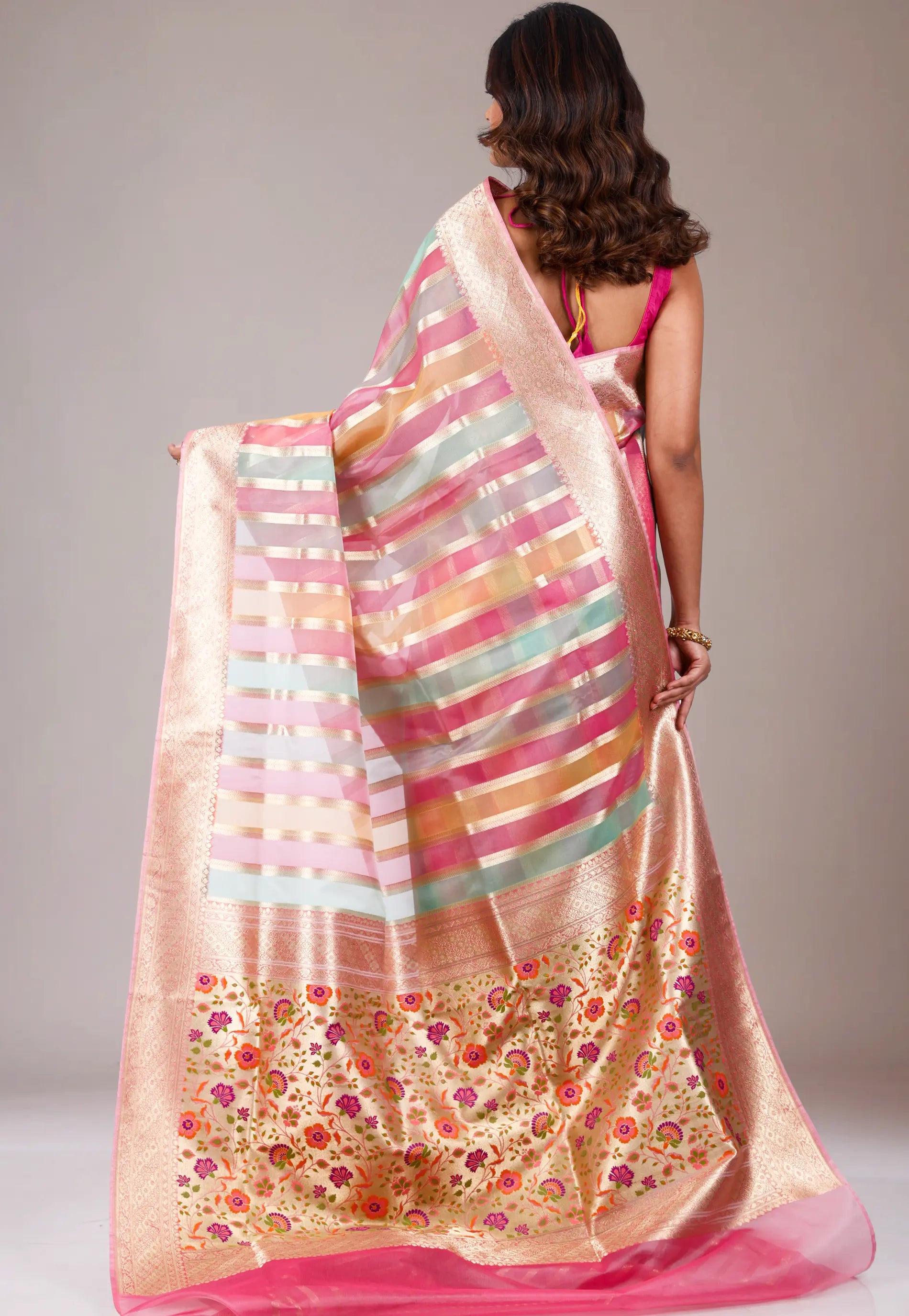 Multi Colour Kora Silk Saree With Blouse Piece