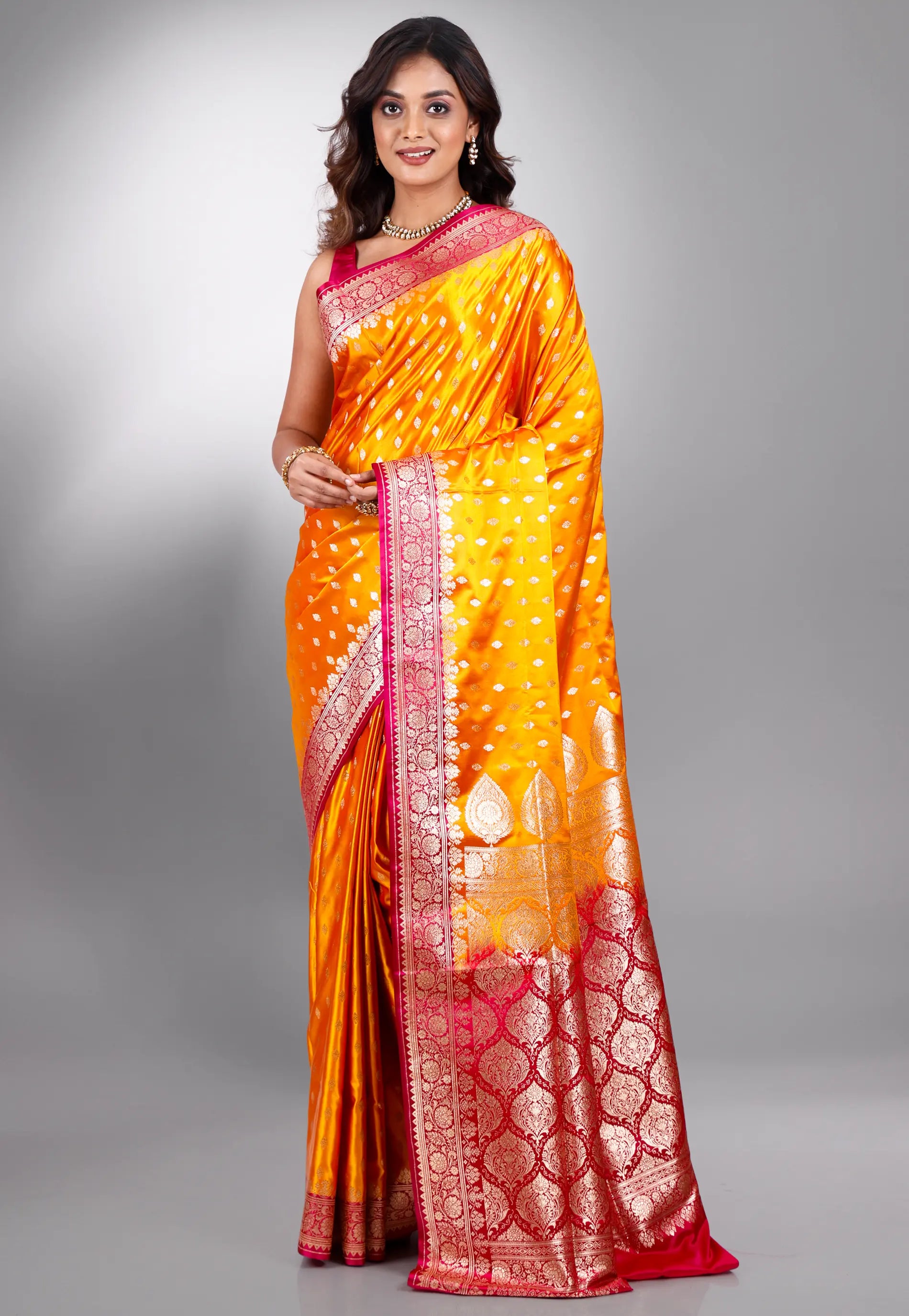 Yellow with Rani Border Wedding Banarasi Silk Saree with Blouse Piece