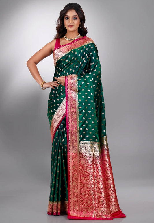 Bottle Green Wedding Banarasi Silk Saree with Blouse Piece