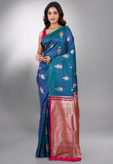 Peacock Blue Kanjivaram Silk Saree With Blouse Piece