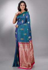 Peacock Blue Kanjivaram Silk Saree With Blouse Piece